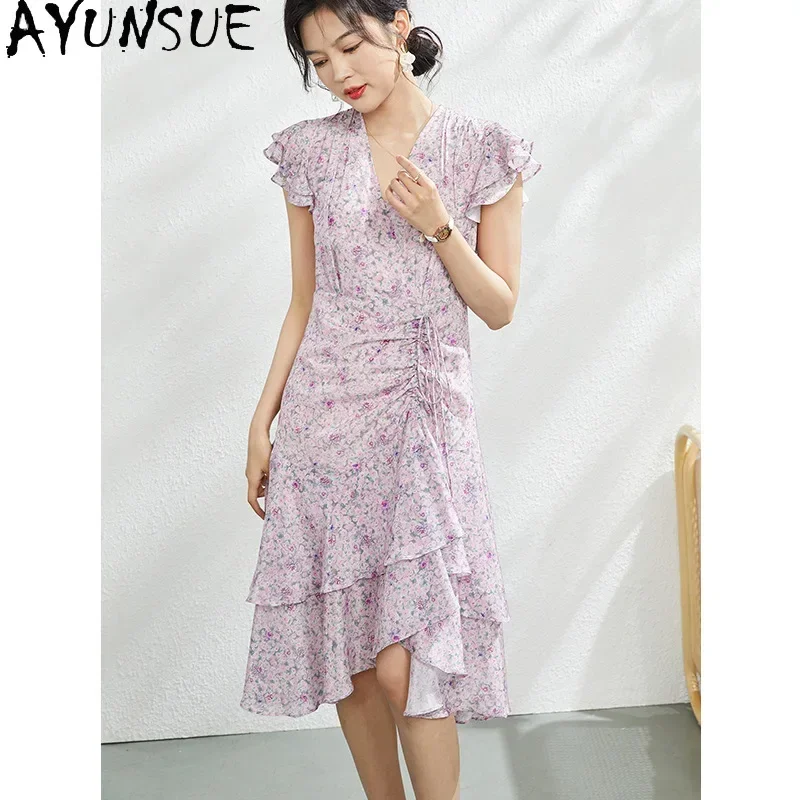 AYUNSUE 100% Mulberry Silk Dresses 2024 Women Elegant Luxury Vacation Long Dresses New Summer Fairy Dress Womans Clothing 원피스