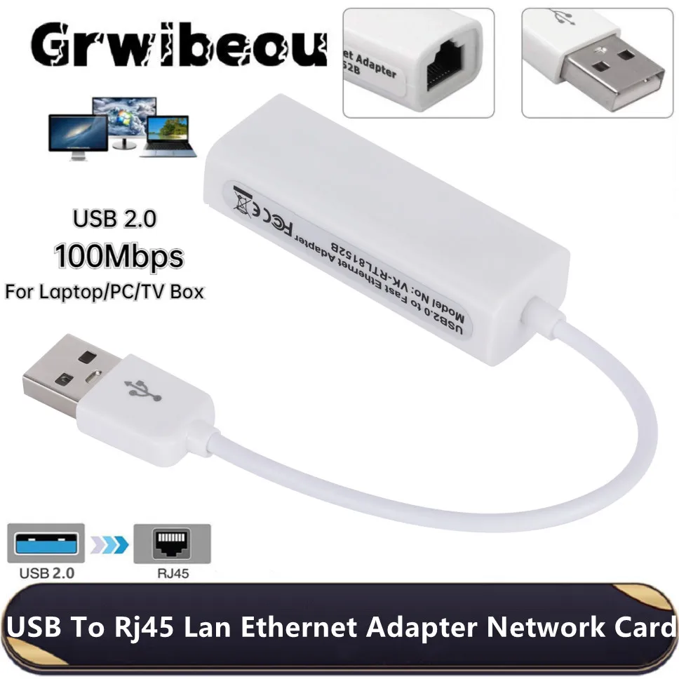 Grwibeou – carte réseau USB 2.0 vers Ethernet RJ45, câble adaptateur Lan, 10/2.0 mb/s, pour windows 7, 8, 10 XP, Mac PC, ordinateur portable, pilote gratuit