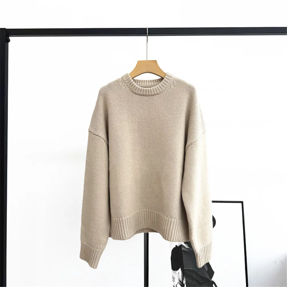 

25 осень/зима, простой женский однотонный свободный кашемировый свитер с круглым вырезом, толстый вязаный свитер