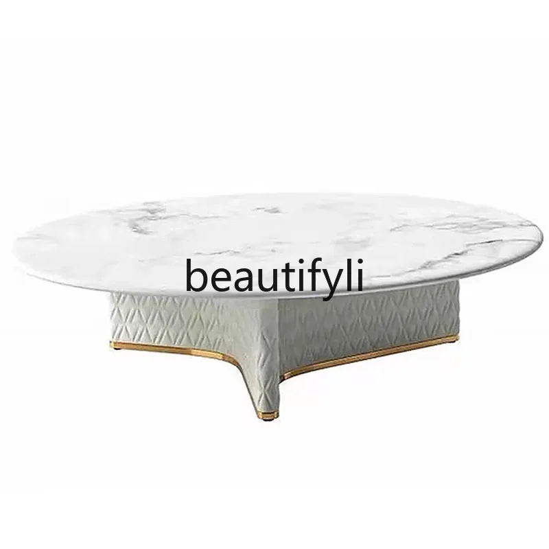 Natural marble round coffee table Italian simple light luxury luxury leather embroidery tea table