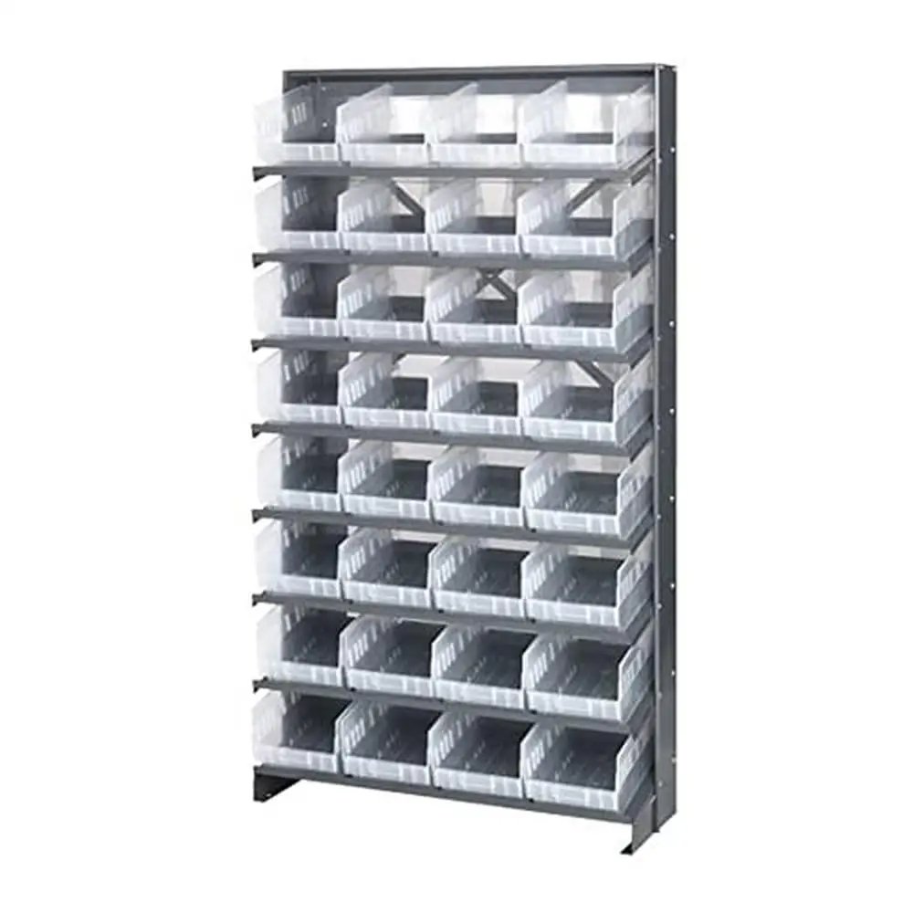 

Single-Sided Sloped Pick Rack Healthcare Warehouse Display Storage 8 Shelves; 32 Clear Bins 400lbs Capacity Quantum QPRS-208CL