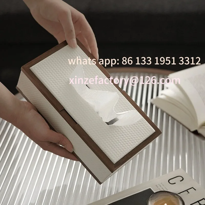 

Customizable Tables Decoration Acce Walnut Wood Tissue Box Modern Leather Napkin Holder Tissue Case Paper Boxes for Living Rooms