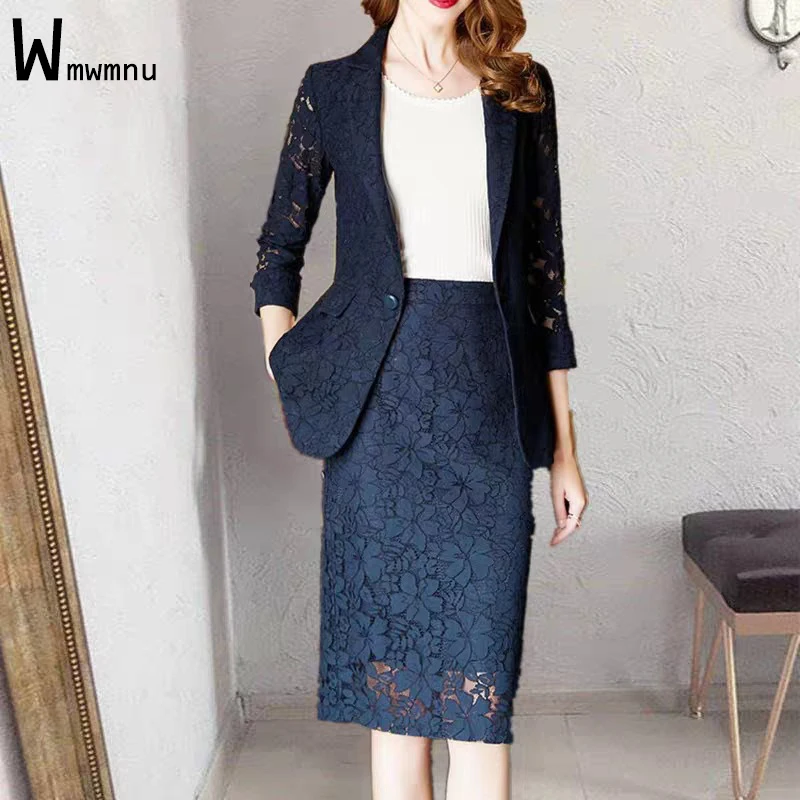 

Lace Hollow Out Blazer Suits Women Slim 2 Piece Sets Oversized Korean Elegant Office Suit Coats and Knee-Length Skirts Outfits