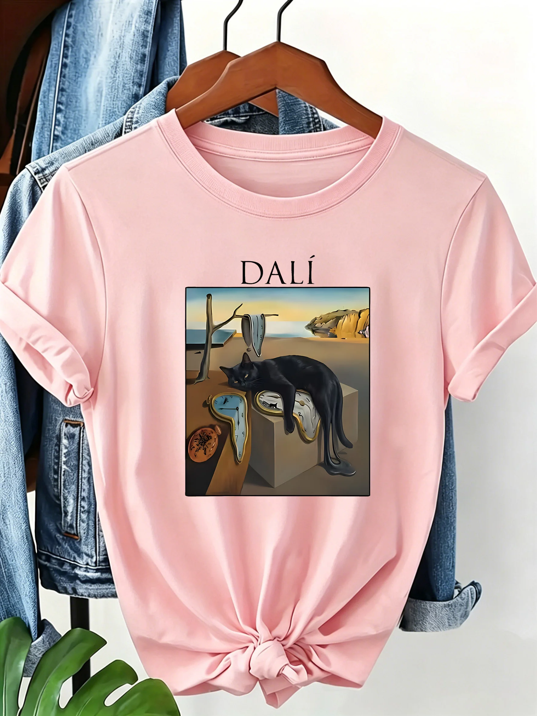 Ladies' Dali Classic Painting Creative Black Cat Adapted Pattern T-shirt Suitable for Art Enthusiasts Daily Comfortable Wearing