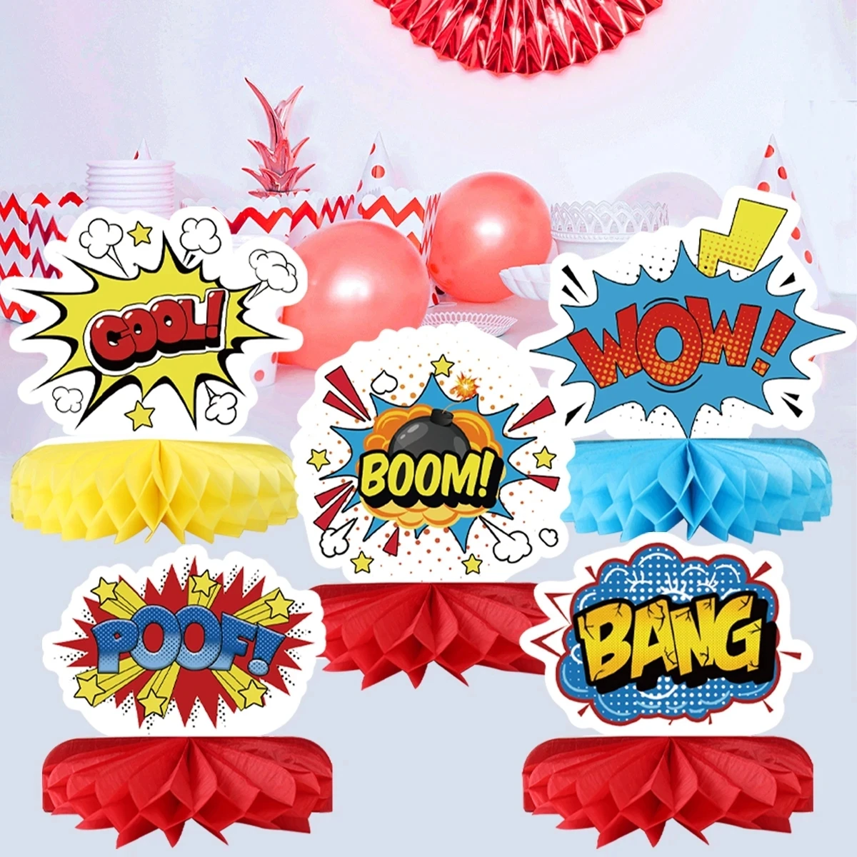 Super Hero Birthday themed Party Decorations Honeycomb Centerpieces Honeycomb Table Centerpieces Boom Sign Boys Birthday Decor