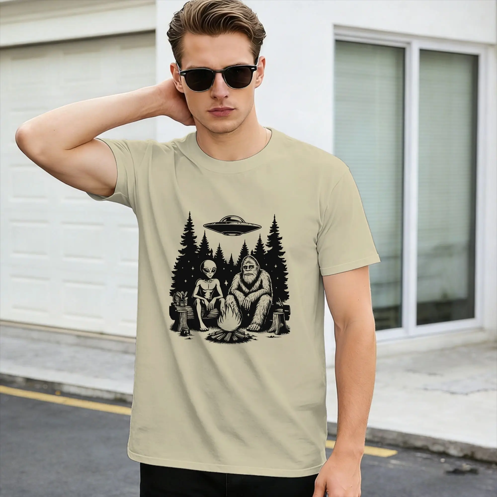 We Out Here Funny Bigfoot Cryptid UFO Abduction T-Shirt Summer  Leisure T Shirts 100 Cotton Short-Sleeved Y2K Fun Tshirt,