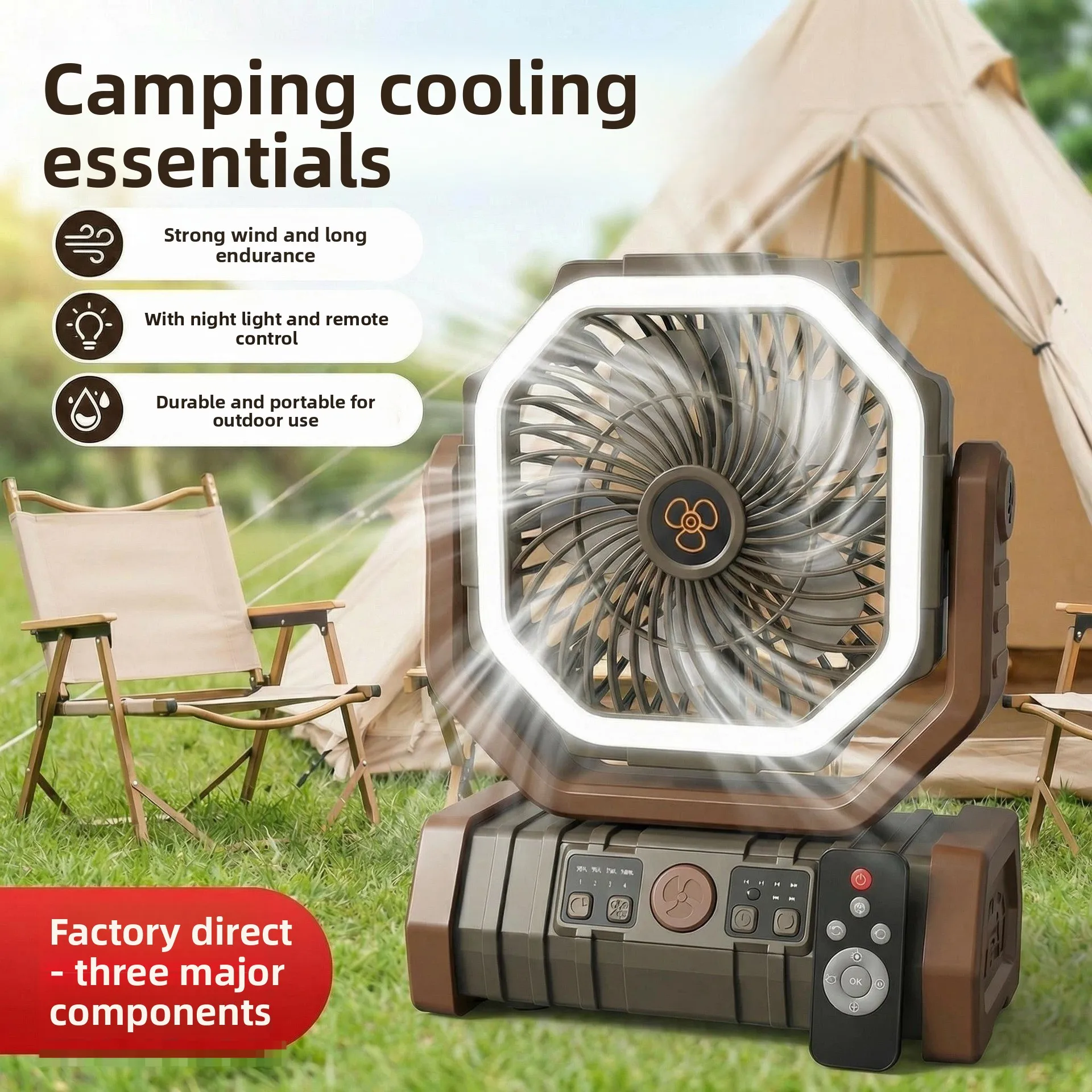 Outdoor camping fan convenient USB charging fan shaking head remote control large wind camp tent fan light