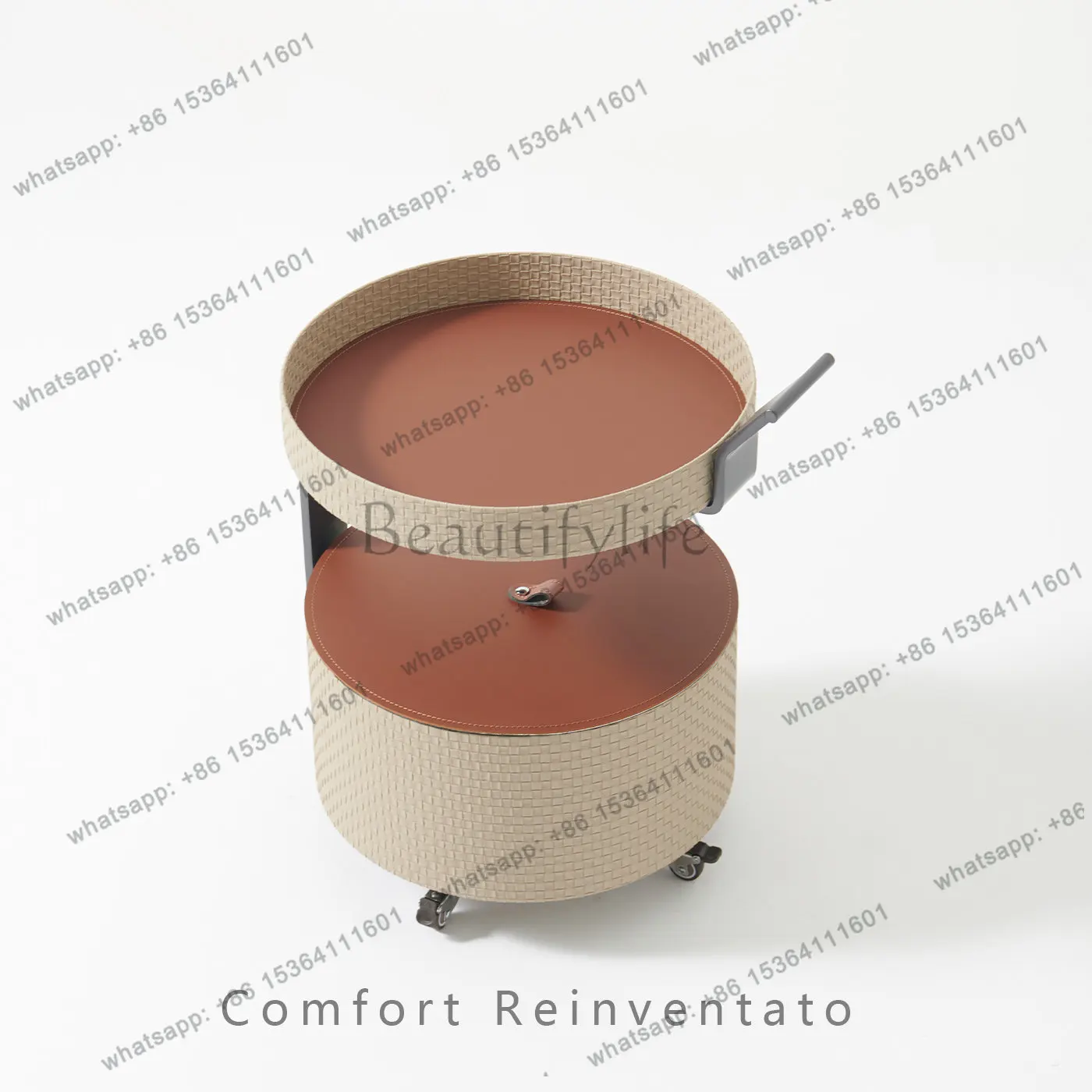 LS26 new modern simple round double-layer mobile trolley leather storage pulley multi-function