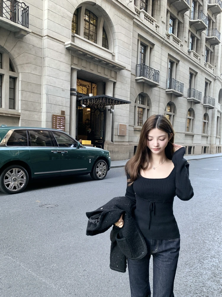 

Специальный женский трикотажный топ U-Ne с длинным рукавом и поясом, осенне-зимний, белый, модный