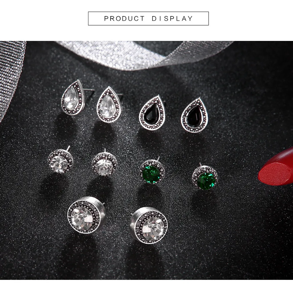 5 Pairs/Set Stud Earrings Cubic Zirconia Water Drop Green Black Gemstone Jewelry Korean Fashion Wedding Party Earring Aretes