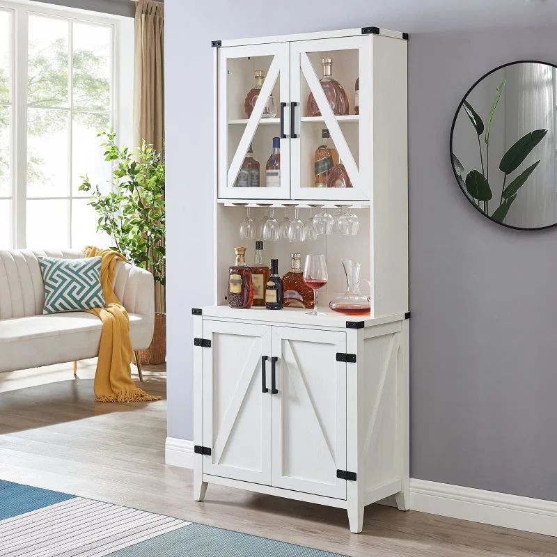 

White bar cabinet with a glass cabinet