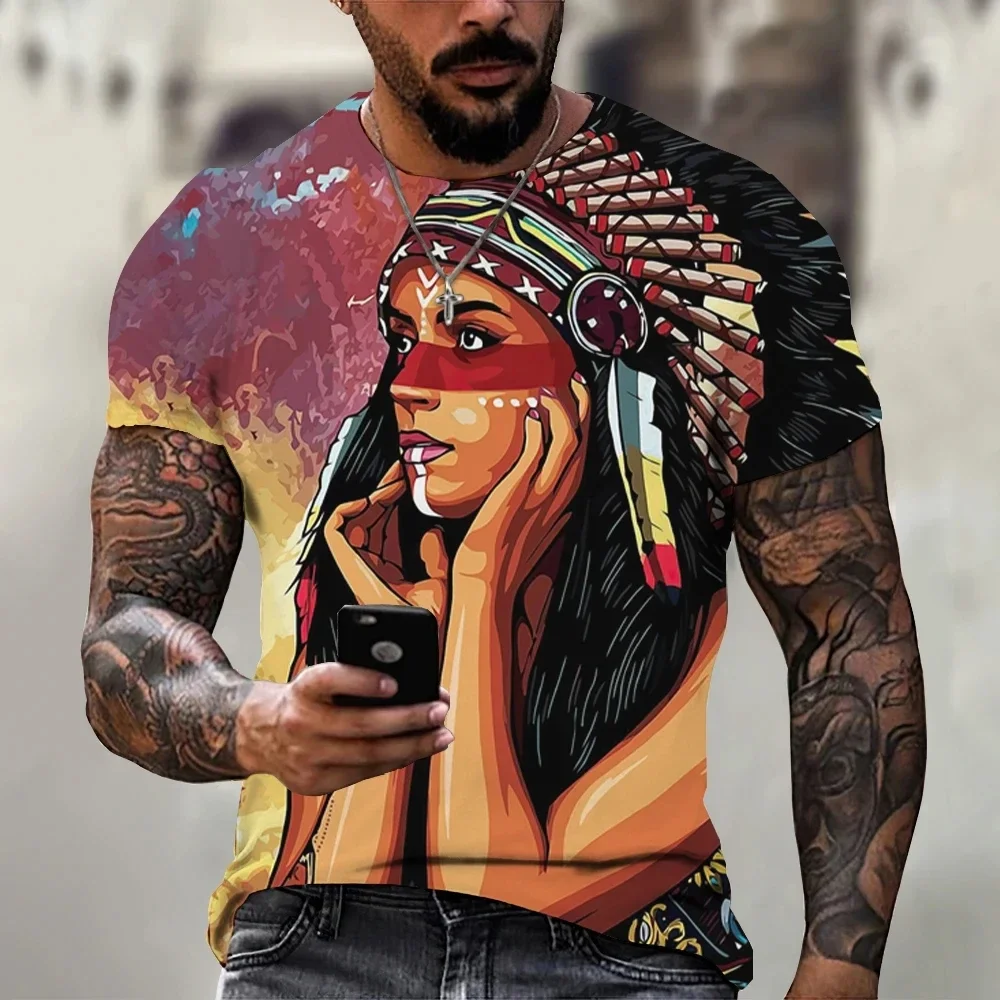 

Summer New Indian Pattern Men's Printed T-shirt Fashion Round Neck Short Sleeve Plus Size Casual Comfortable Top