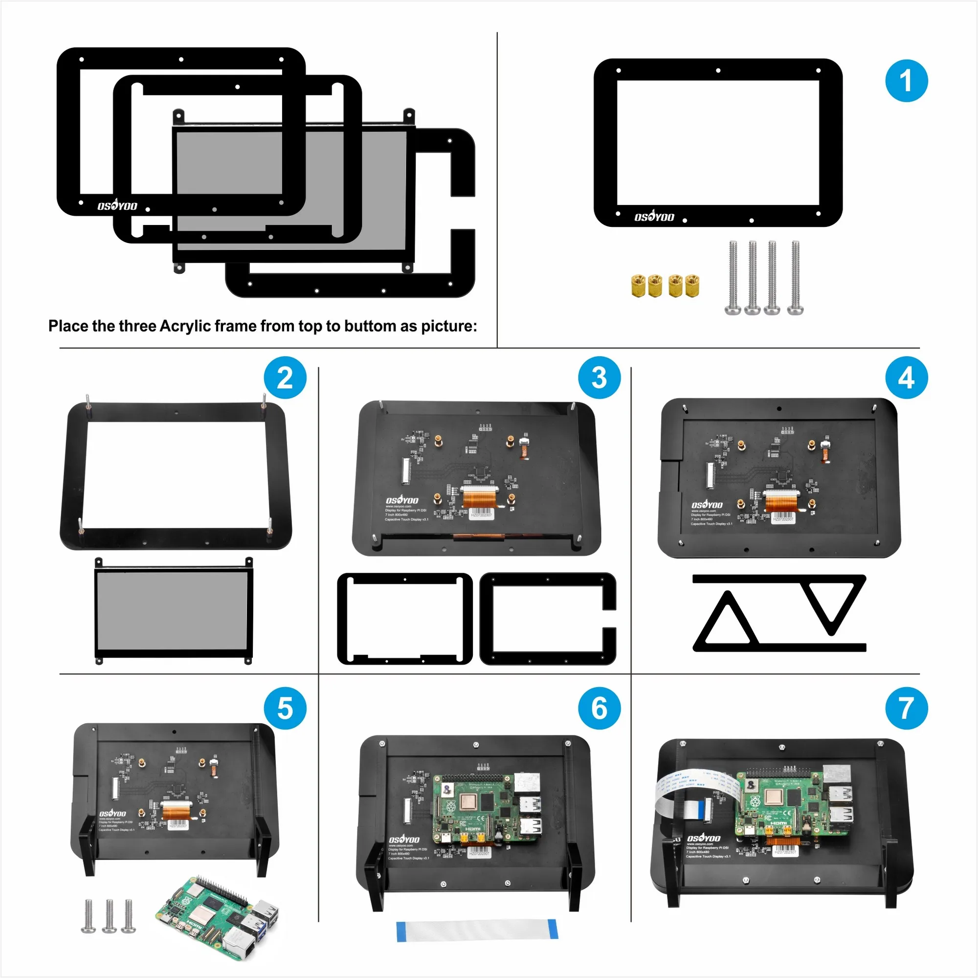 OSOYOO 7 بوصة DSI شاشة تعمل باللمس شاشة LCD المحمولة بالسعة شاشة تعمل باللمس مع الإطار ل Raspberry Pi 5 4 3 3B + 2