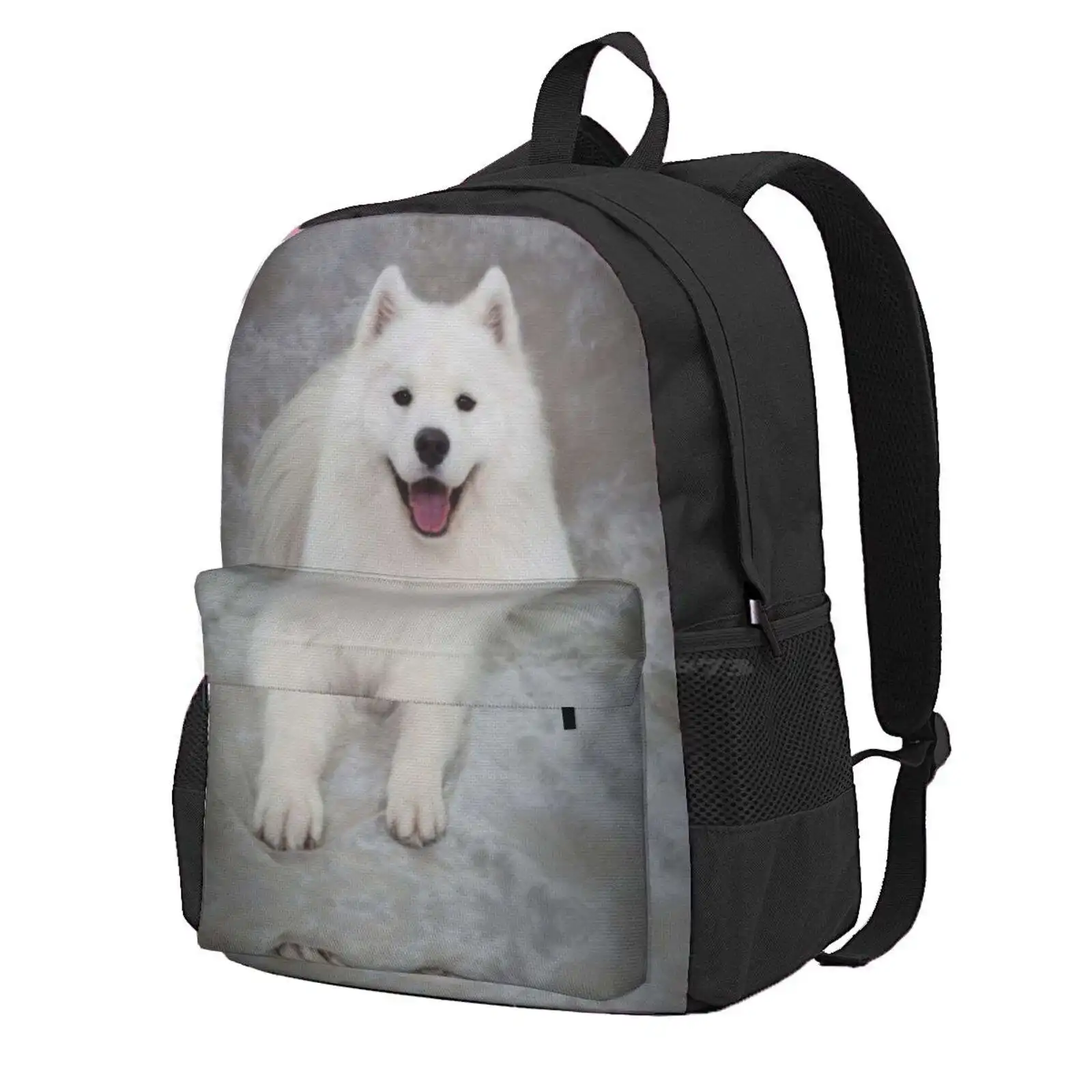 Samoyed Dog, Lying Down, Facing Camera In Studio Hot Sale Schoolbag Backpack Fashion Bags Samoyed White Dog Fluffy Dog Dog