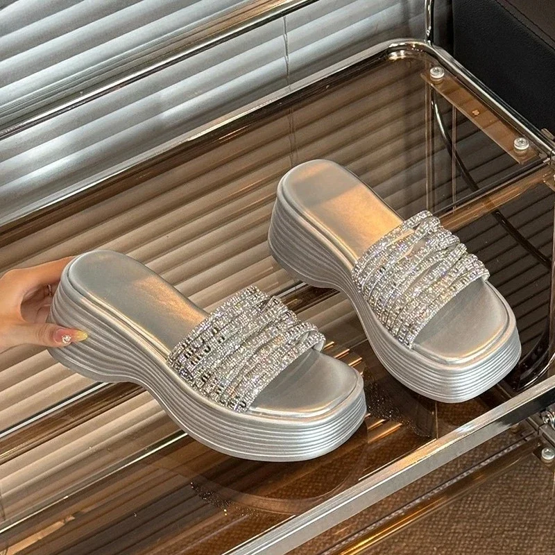 

Summer Platform Thick Bottom Women Slippers Elegant Crystal Narrow Band Slip On Dress Slides Shoes