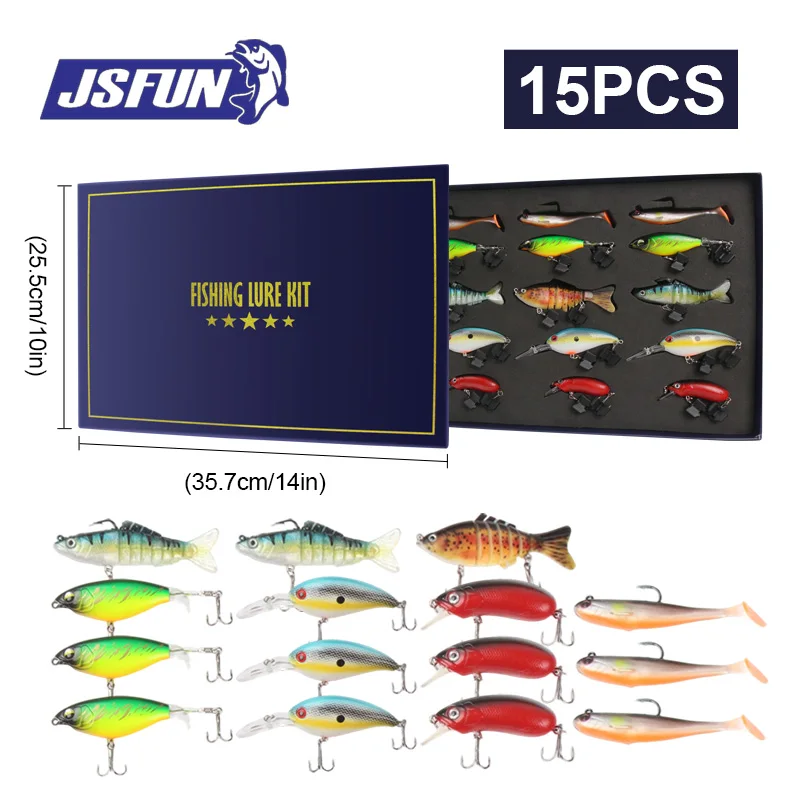 JSFUN 15PCS Fishing Lure Set Full Combo Soft Hard Lures Metal Baits Hooks Fishing Gift box set for Fishing Lover