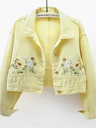 Chic Floral Embroidery Crop Denim Coats Women Lapel Long Sleeve Single Breasted Jeans Jacket Vintage Streetwear Female Outerwear