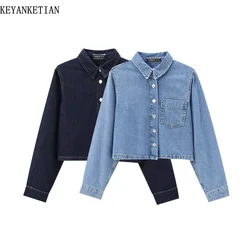 KEYANKETIAN 2024 New Women Cropped Denim Shirt Autumn American Retro Pockets Single Breasted Oversize Casual Blouses Female Top