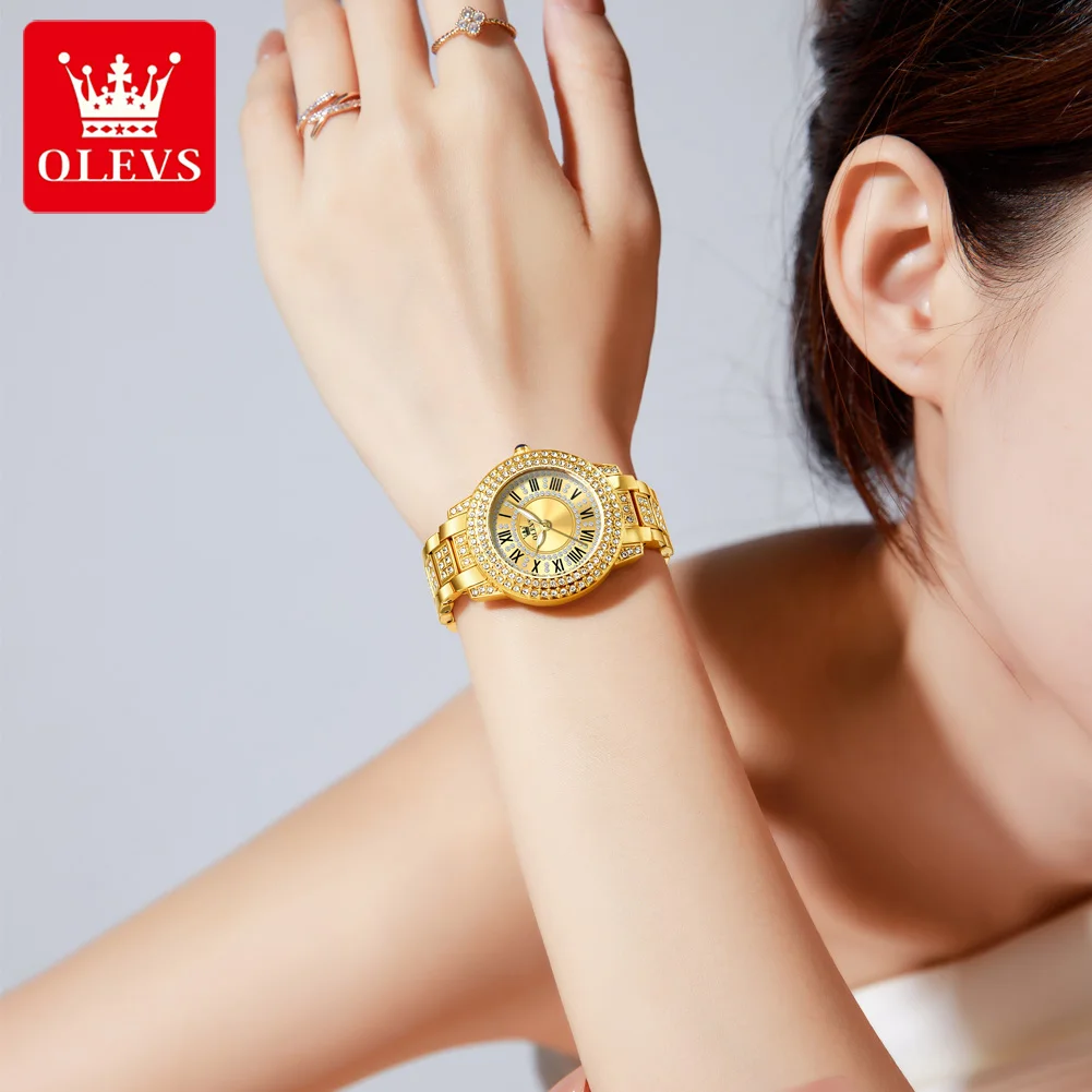 OLEVS 9943 ساعات نسائية وظيفة الضوء الليلي الأصلي كوارتز ساعة معصم رومانية مطعمة الزركون الهاتفي 30 متر مقاوم للماء ساعة السيدات