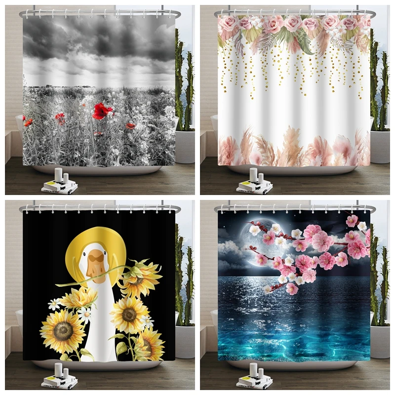 

Floral Shower Curtain Boho Poppy Cherry Blossoms Washable Bathroom Curtains Waterproof Polyester Fabric Bathtub Screen 180x240