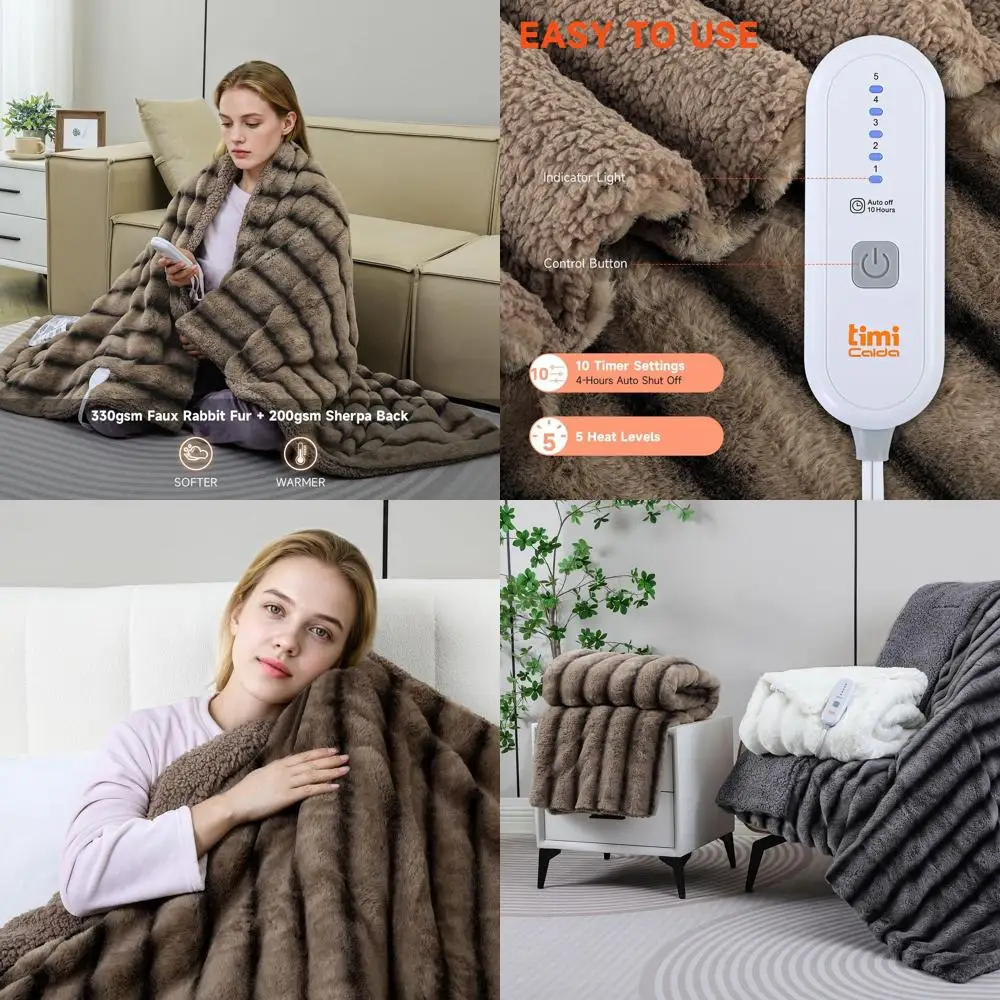 

King Size 100x90 Soft Faux Fur Electric Blanket with 5 Heat Settings & 10-Hour Auto-Off, Overheat Protection, Ideal for Sofa, Wa