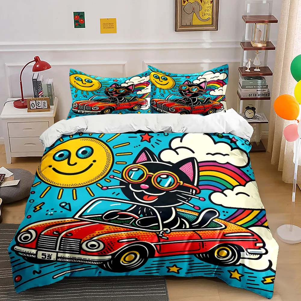 Rainbow sunshine cat driving red car Print Bedding Set 1Duvet Cover 2Pillowcases for Adult and Children Luxury Gift Full Size