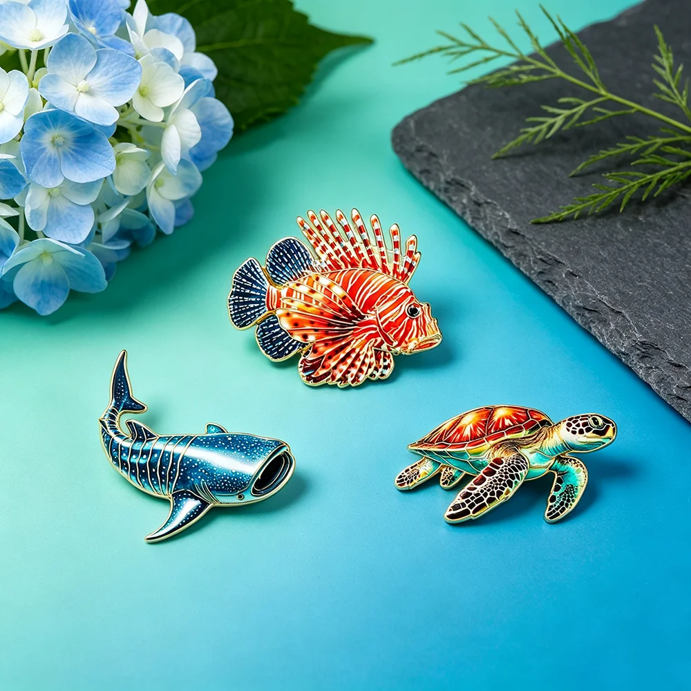 3Pcs Ocean Sea Creature Enamel Pin Set Whale Shark Lionfish Sea Turtle Lapel Brooches Decorative Pins for Backpack Clothing