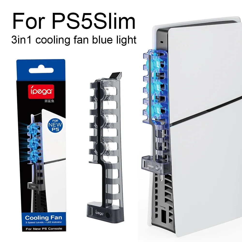 3 in1 Cooling Fan for PS5 Slim Console Fan with USB for PS5 Slim Gaming Console Cooler Radiator with Blue Light Heat Dissipation