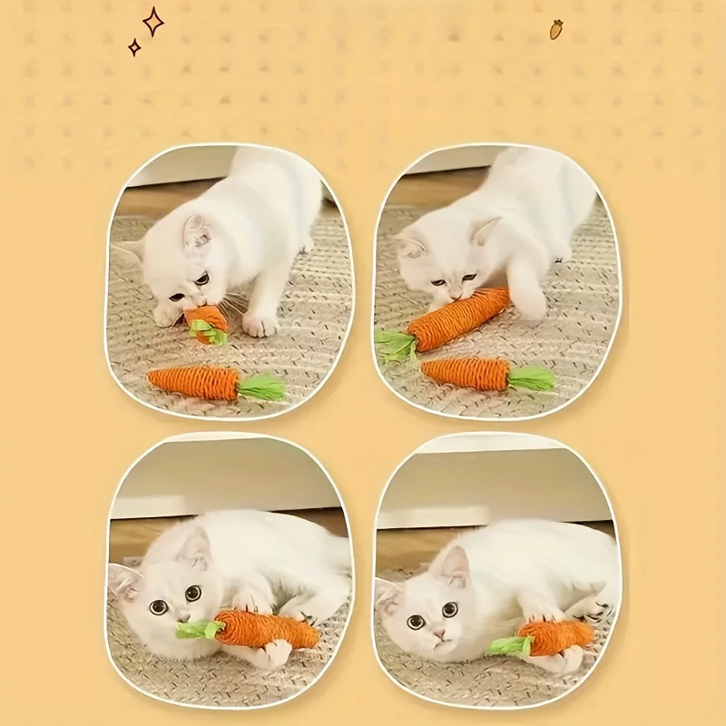 3 قطع لعبة قطط على شكل جزرة مع جرس من الداخل - مضغ وخدش تفاعلي للقطط، حبل ورقي متين وحبل للخدش