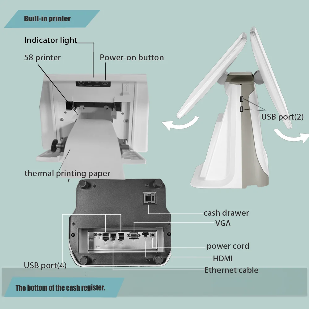 POS systems machine: Touch-screen intelligent cash register. Supports multiple languages, systems and interfaces.