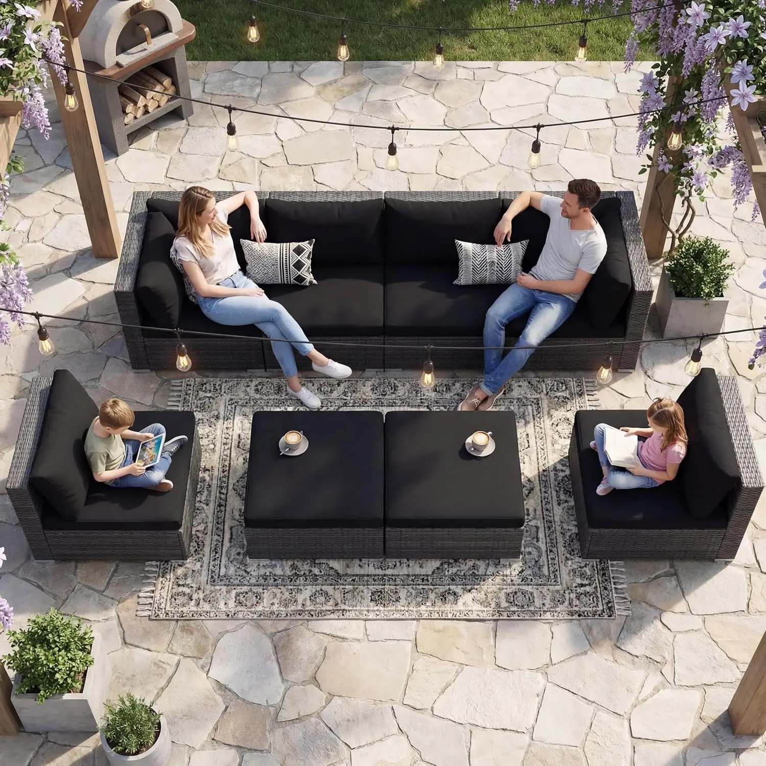 Wicker Patio Furniture Set, 8 Piece L Shaped Modular Sectional, Deep Seating, 29.3'' High Back, Black & Gray Cushion, Customized