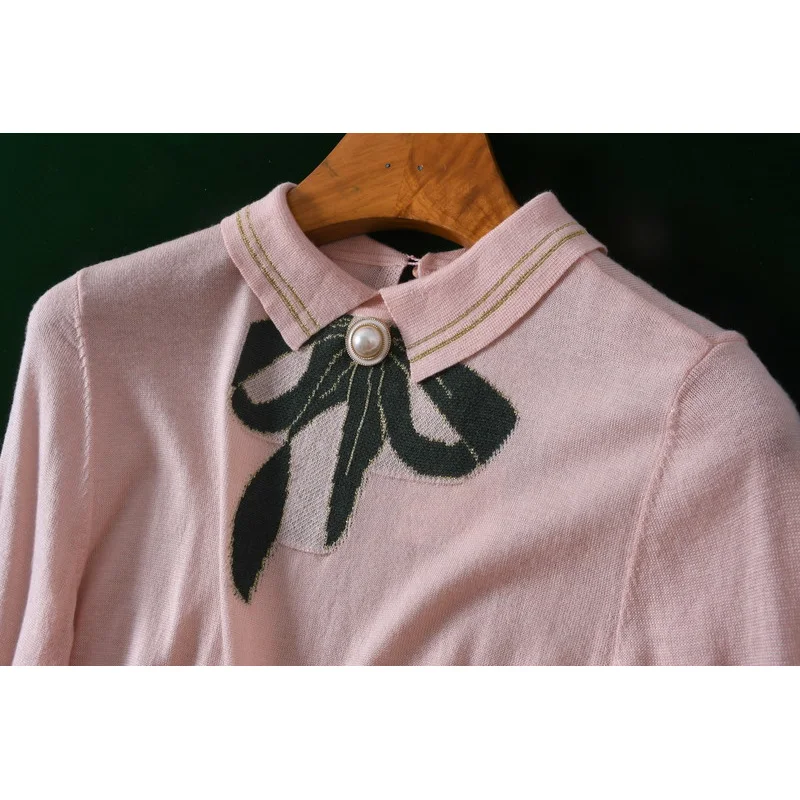 

e Knitted Long Sve Crew Ne Sweater Pink Cherry Blossom Doll Collar Premium Spun Autumn Winter Women's Faion