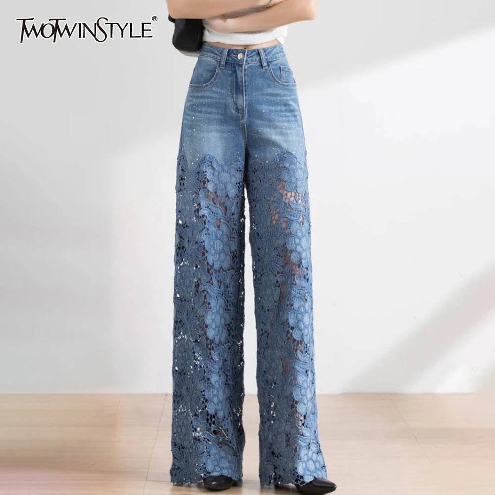 

TWOTWINSTYLE Solid Hollow Out Denim Pant For Women High Waist Patchwork Lace Designer Full Length Pants Female Fashion Clothes