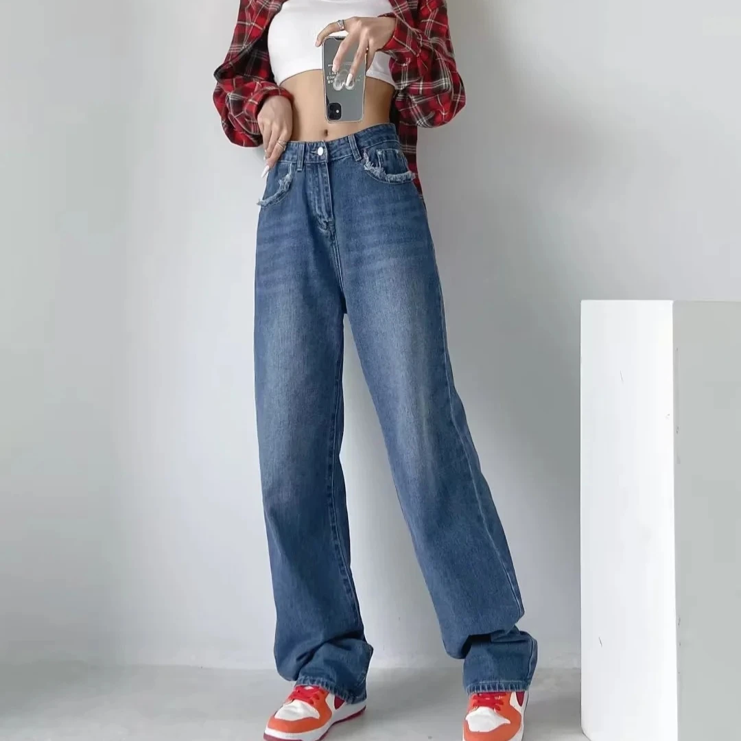 Women Jeans Washed Denim Wide Leg Pants Blue Pockets High Waist Y2k Streetwear Mom Jeans Zipper Fly 2025 Vintage Club Biker