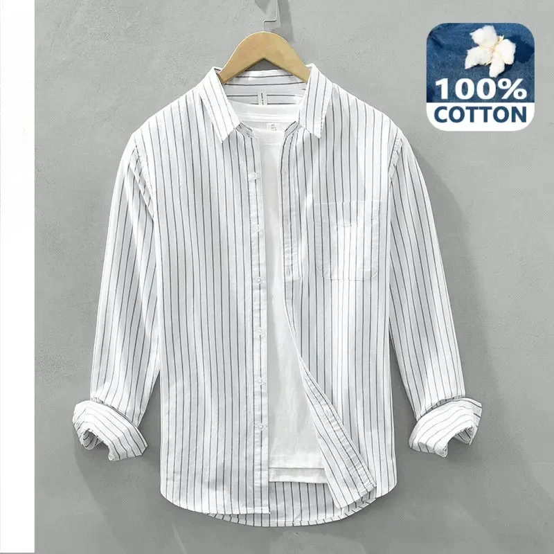 

2024 Spring Summer New 100% Cotton Striped Shirt for Men Clothing Slim Casual Streetwear DN8858