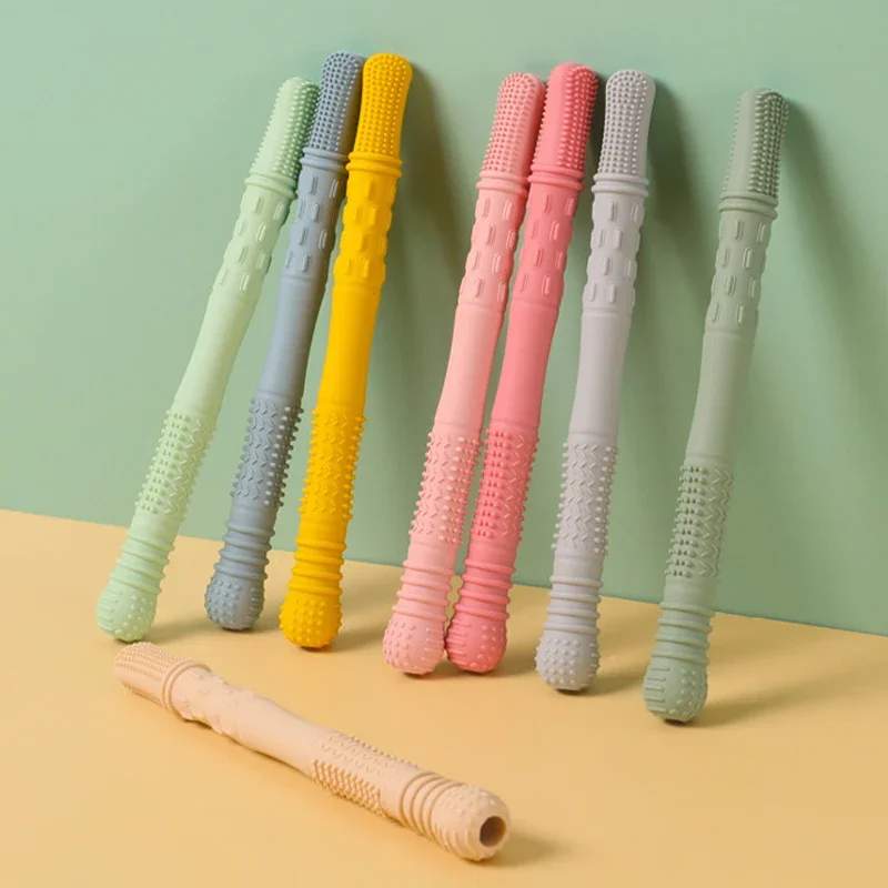 Tubo de dentición hueco para recién nacido, palo mordedor de silicona para bebé, pajitas para morder, chupete de lactancia, juguete Molar, regalo para bebés