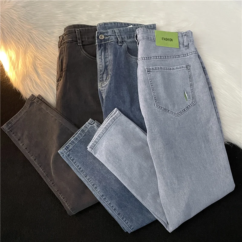 

Men's Summer Thin Straight Leg Jeans Casual Loose Fit Vintage Elastic Nine-Piece Light Blue Long Pants Trendy Youth Style