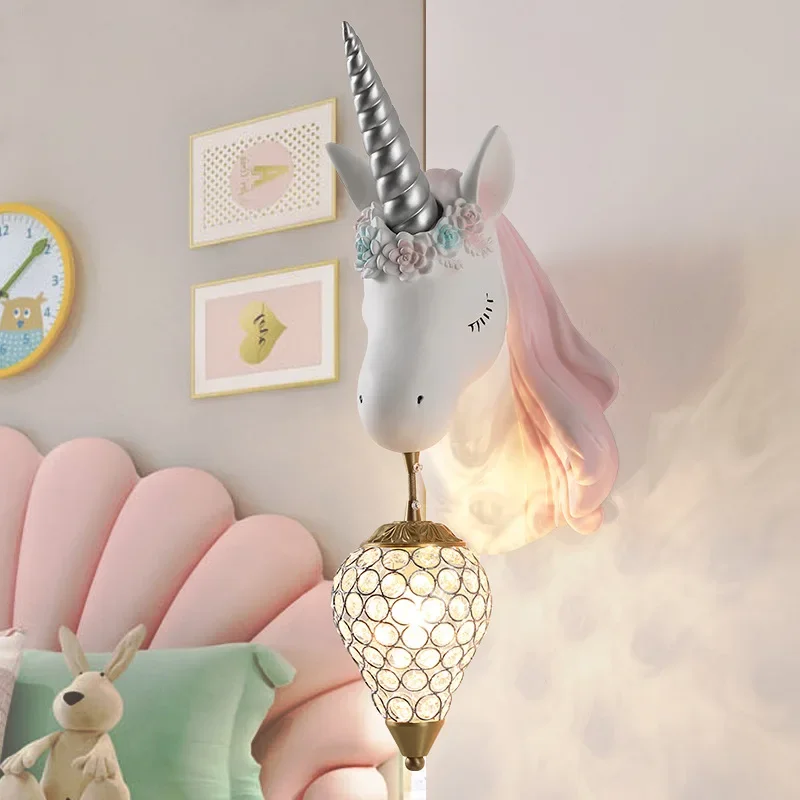 Simple Lovely Unicorn Led Wall Lamp Bedroom Bedside Lamp Girl Pink Creative Room Sconce Wall Lights Cartoon Unicorn Lamp WF1010