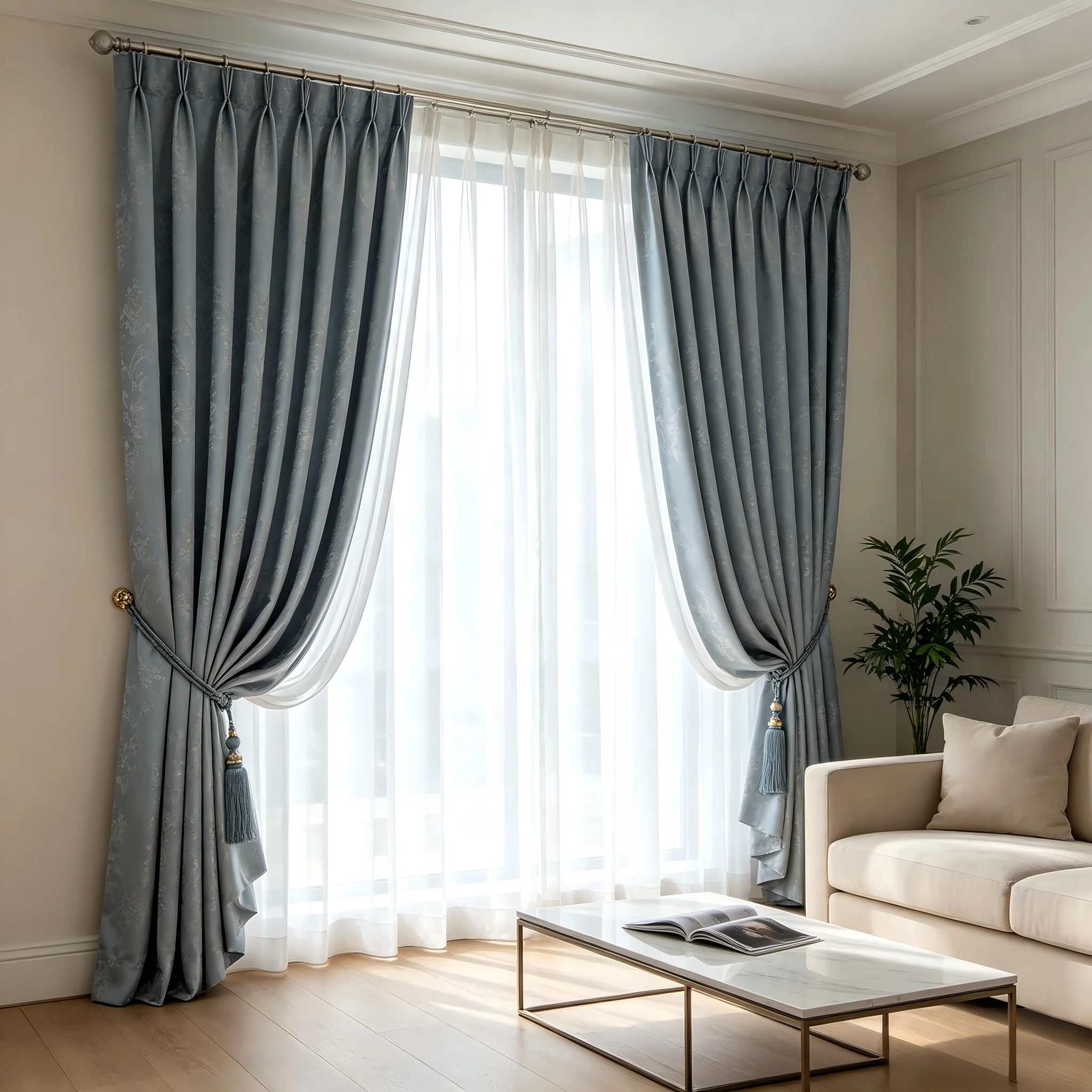 200349   Living room gray blue jacquard curtains