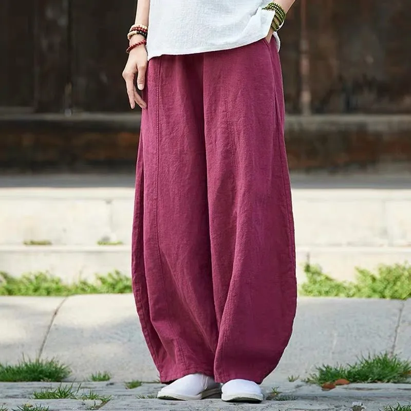 

2024 Spring Women Cotton Linen Pants New Autumn Casual Female Long Trousers Slim Elastic Waist Solid Pants Plus Size