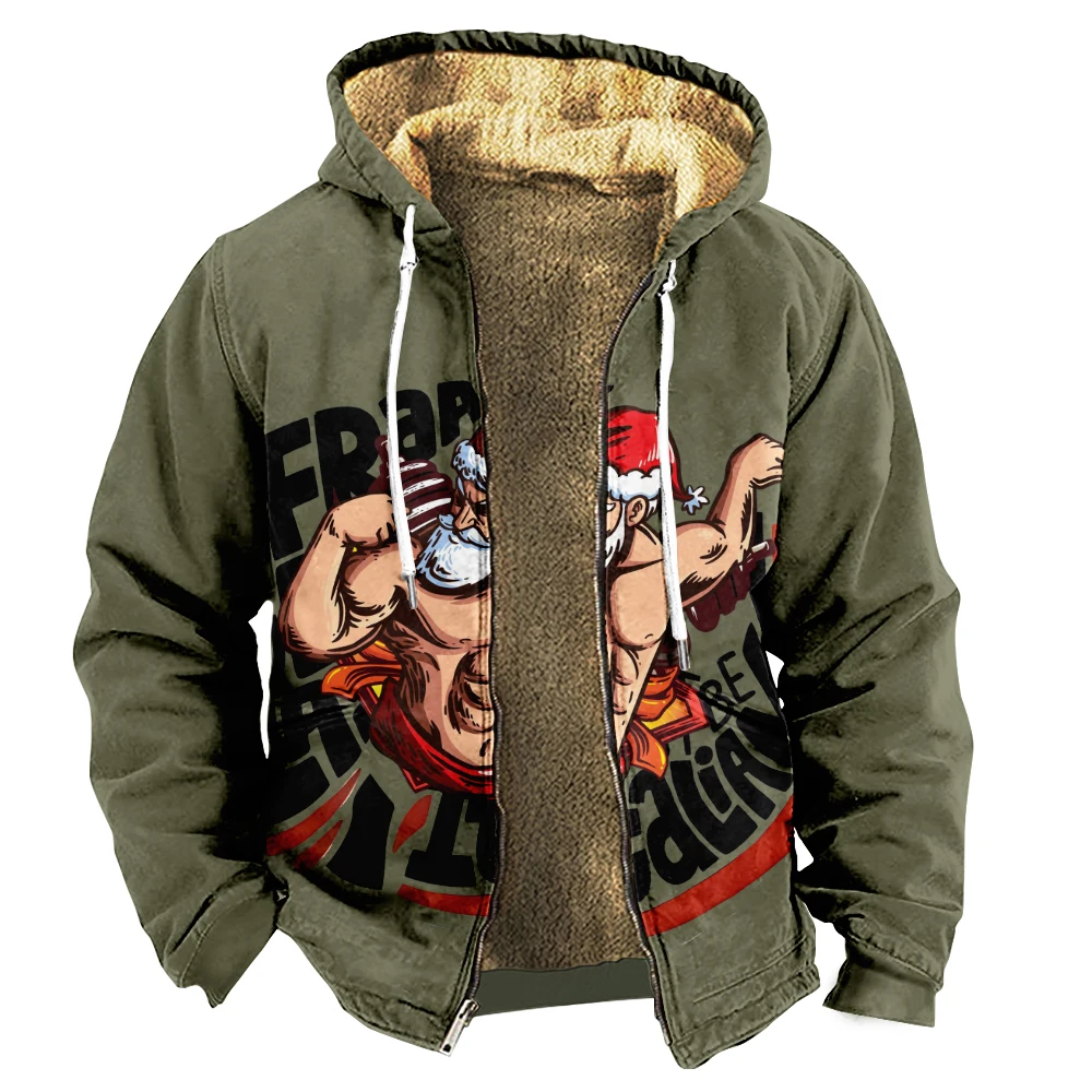 Men\'s Zipper Hoodie Christmas Cartoon Graphic Print Long Sleeve Jacket Women Winter Coat Funny Outerwear