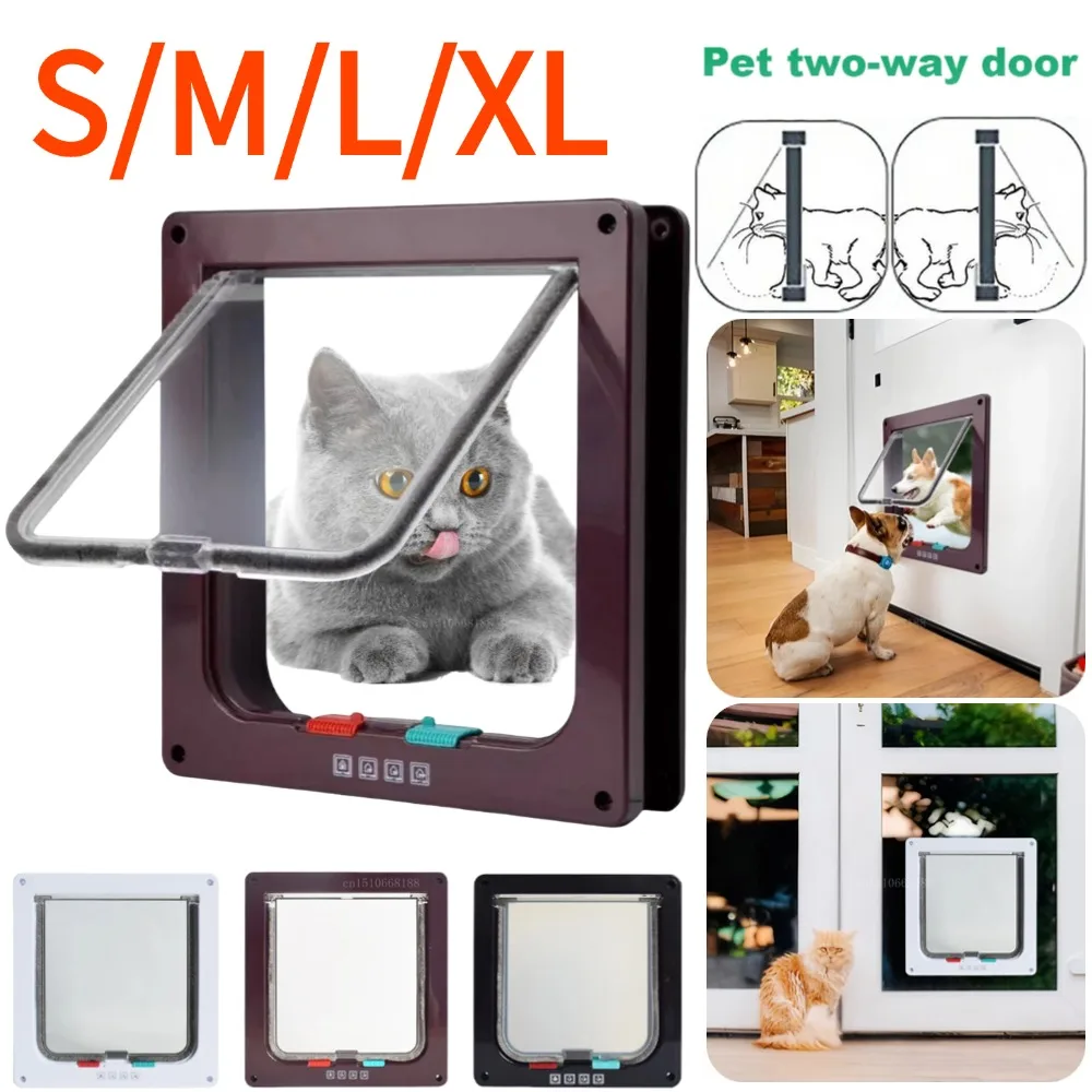 Puerta con solapa para gato con cerradura de seguridad de 4 vías, puerta de plástico ABS, Kit de puerta con solapa de seguridad para cachorros y gatitos, suministros para mascotas pequeñas