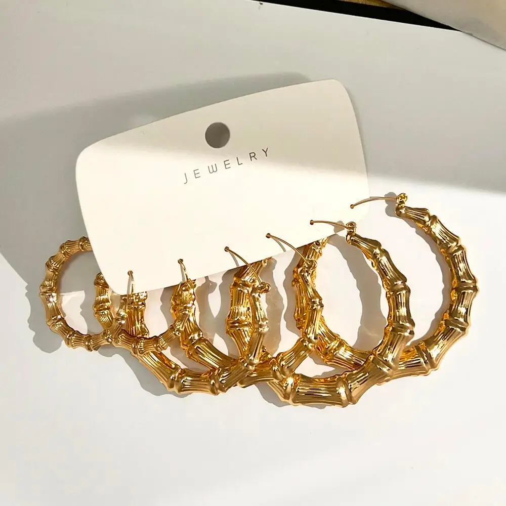 3 Pairs Gold & Silver Plated Bamboo Hoop Earrings, Chunky Circle Earring Set view 2