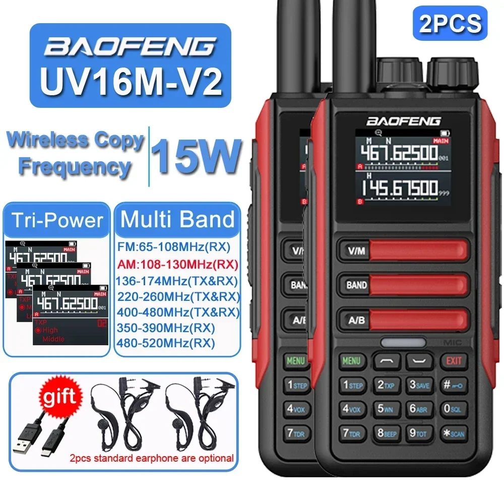 

2PCS Baofeng Wireless Frequency Copy Walkie Talkie 15W50KM Waterproof 999CH AM FM 2-Way Radio Full Band LCD Screen New UV16M V2