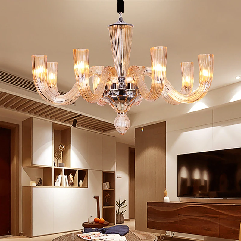 French Elegant Champagne Golden Villa Chandelier European Wedding Hall Glass Droplight Creative Room Decorative Pendant Lamp