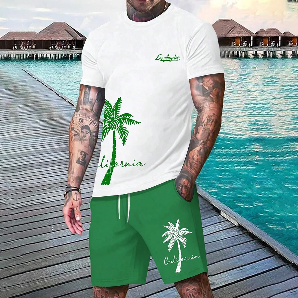 2024 Hawaii European 3D printed men\'s short sleeved fashionable T-shirt dopamine beach casual shorts set soft and comfortable