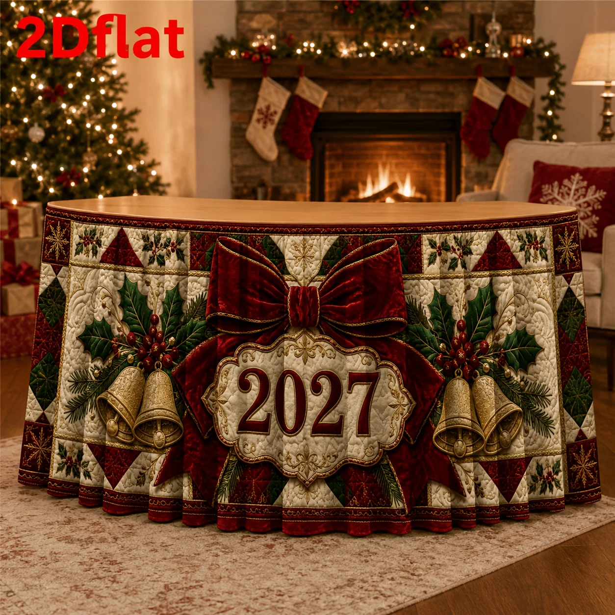 One table flag table skirt. Holiday Christmas table skirt. Decorated with holly bells and velvet bows design.