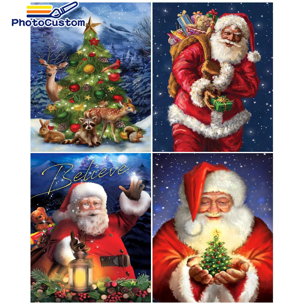 PhotoCustom 40x50cm Frame Oil Painting By Numbers Santa Claus DIY Acrylic Paint Landscape Adults Kit Coloring By Numbers Home De