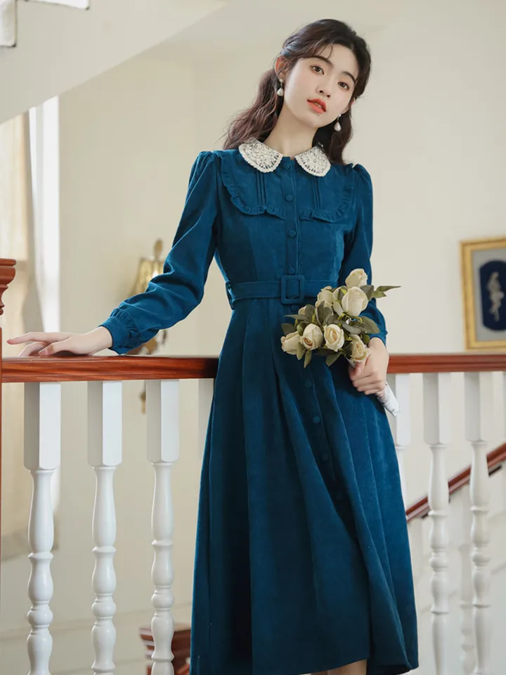 Vintage Woman Blue Corduroy Dress Retro French Style Lace Peter Pan Collar Loose Casual Lady Dresses