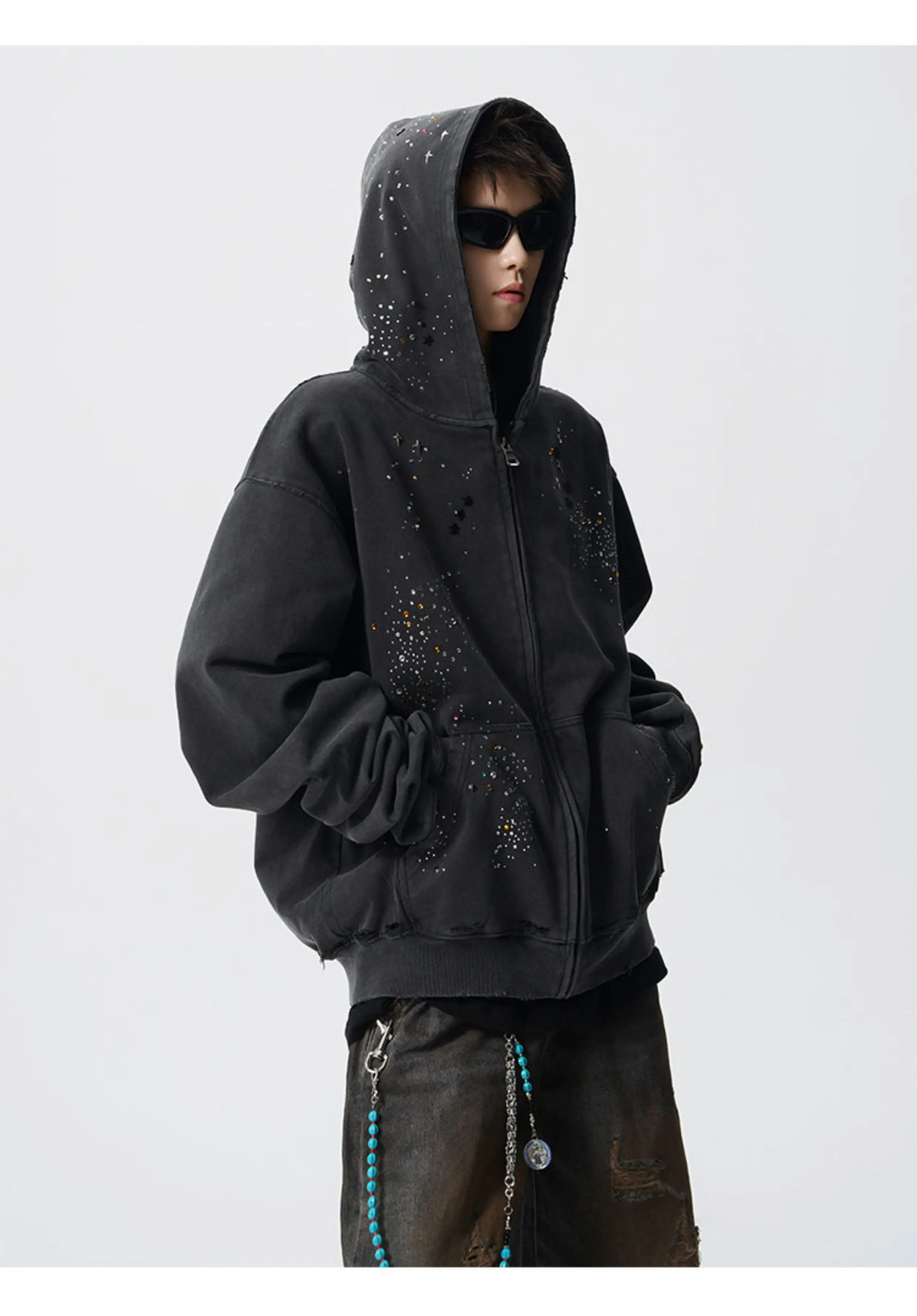 American Retro Heavy-duty Rhinestone Cardigan Zipper Hooded Sweatshirt Men  Autumn High-end Loose Casual Couple Jacket Trendy